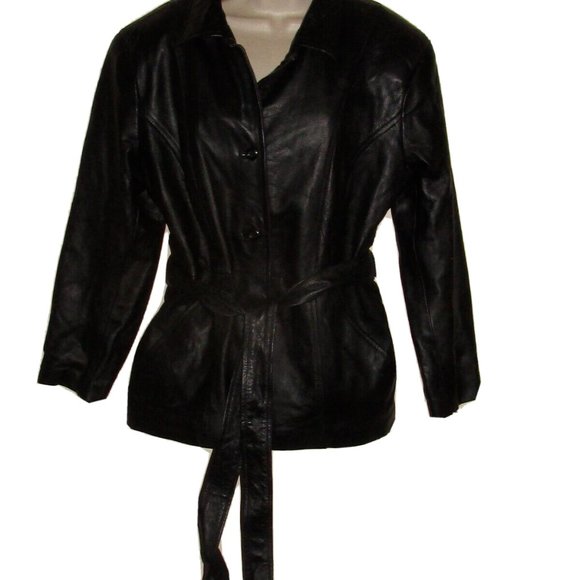 Genuine Leather Belted Jacket Coat Women's Size M Black - Picture 2 of 7